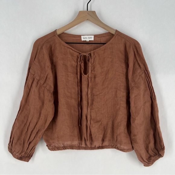 BELLA DAHL Linen Tie Front Peasant‎ Top Terracotta Brown Size M - Picture 2 of 11